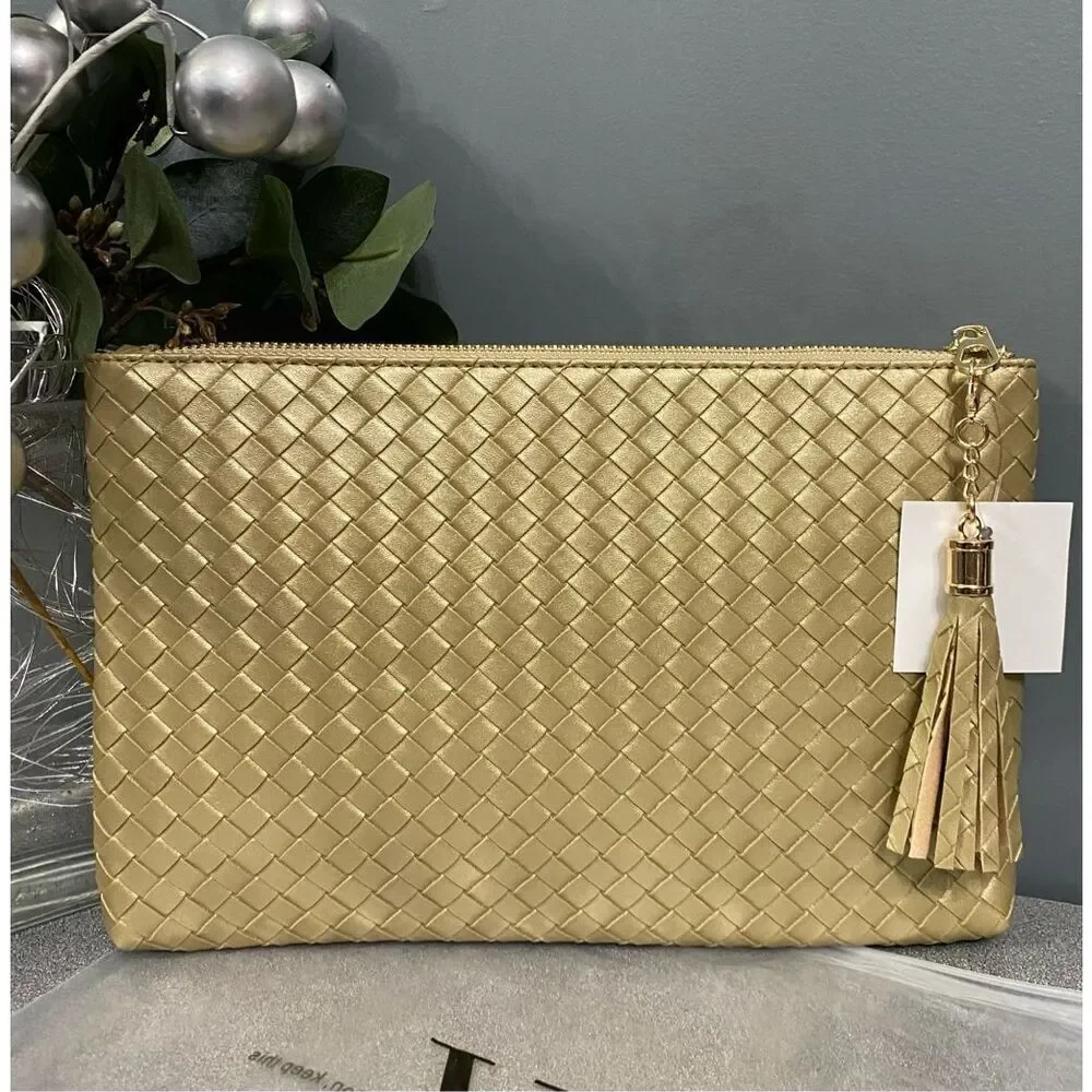 Virginia Wolf Gold Metallic Pouch Purse Clutch Msrp $88